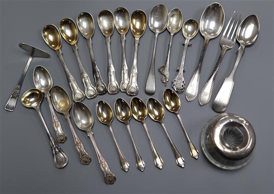 Mixed flatware including a set of six Scottish silver Kings pattern egg spoons, William Marshall, Edinburgh, 1853 and a hair tidy.